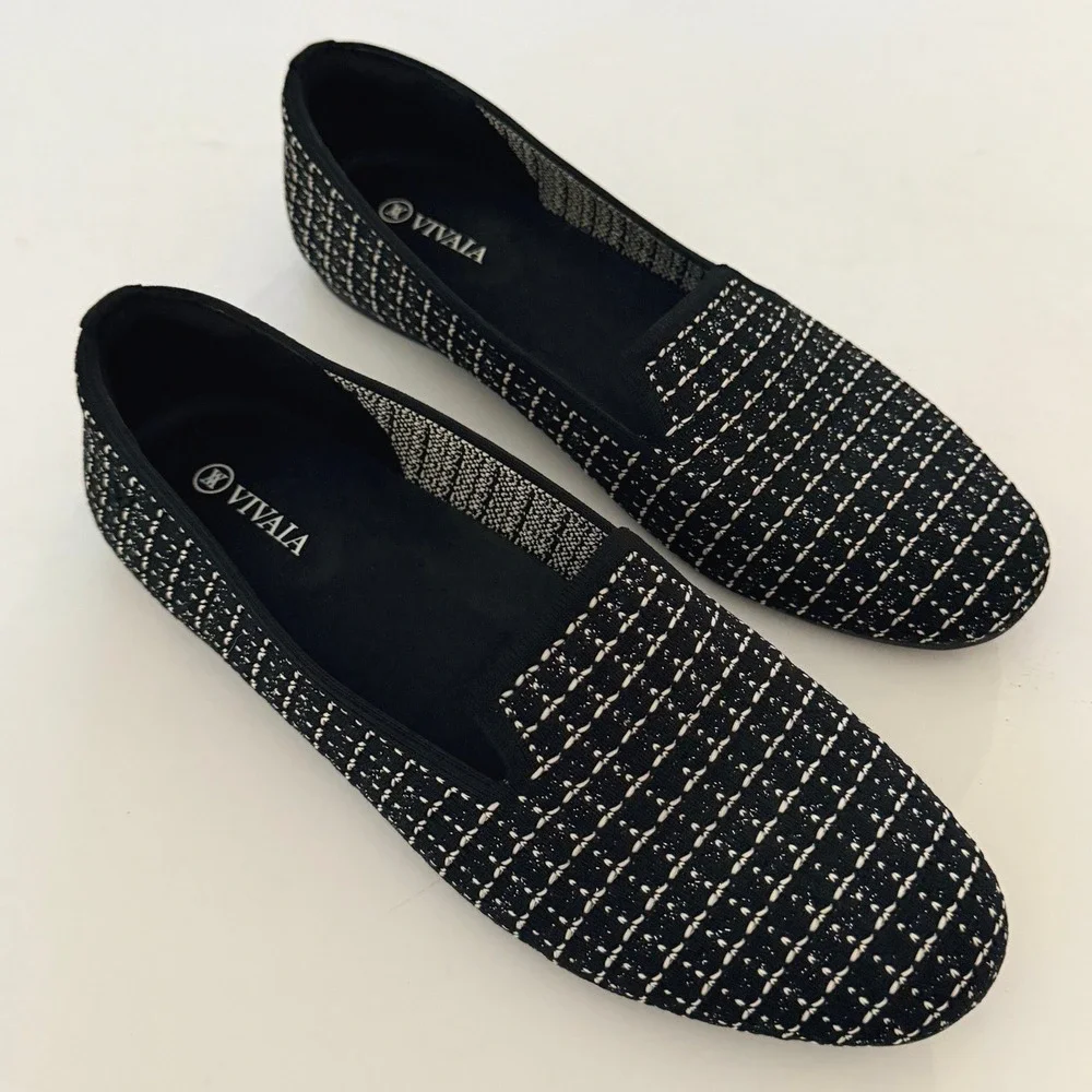 Vivaia Audrey Round-Toe Loafers Womens Flats B&W Tweed Knit Size 42 US 10.5